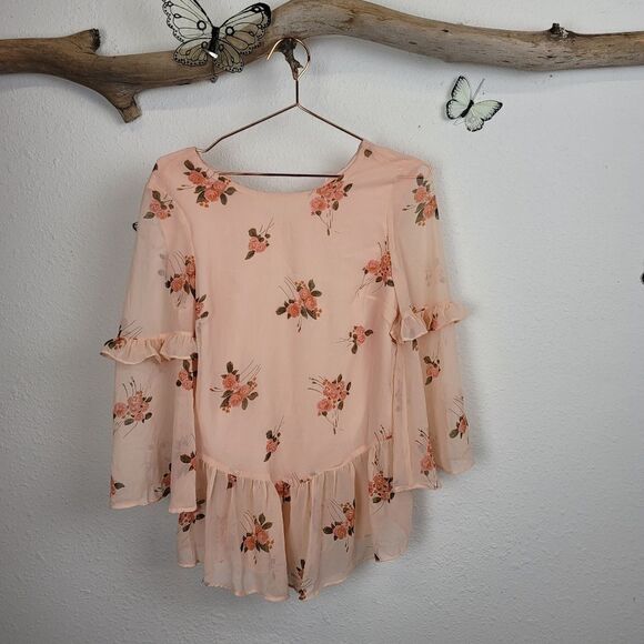 Lc lauren Conrad peach floral ruffle blouse - Picture 1 of 8